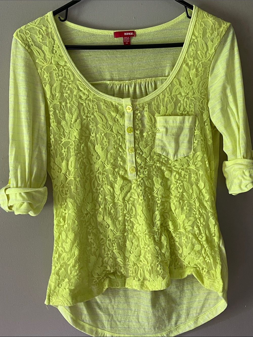 BONGO Neon Yellow Lace Henley Tunic